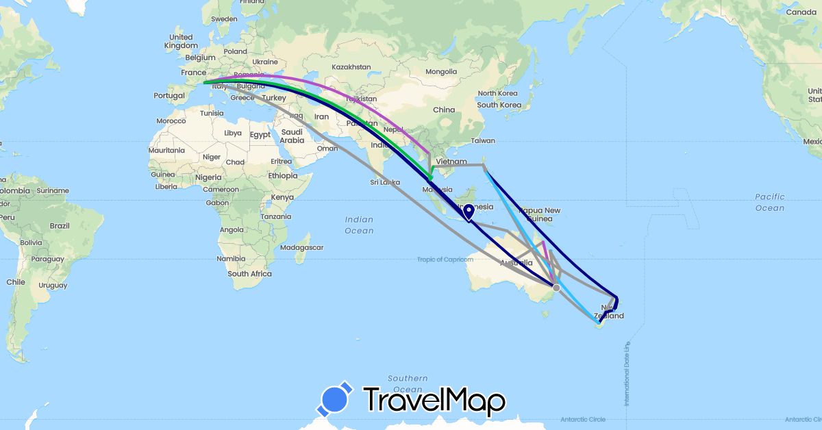 TravelMap itinerary: driving, bus, plane, cycling, train, boat in United Arab Emirates, Australia, France, Indonesia, Malaysia, New Zealand, Philippines, Thailand (Asia, Europe, Oceania)